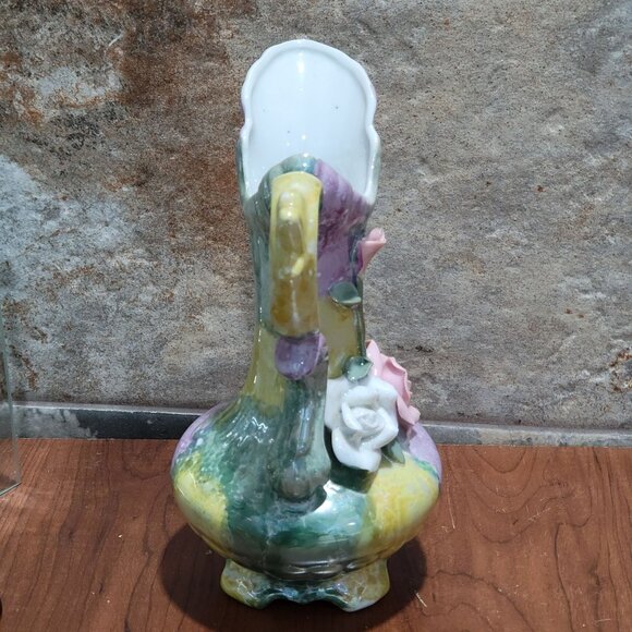 Vintage Floral Rose Pitcher Footed Vase With Handle - Picture 4 of 12